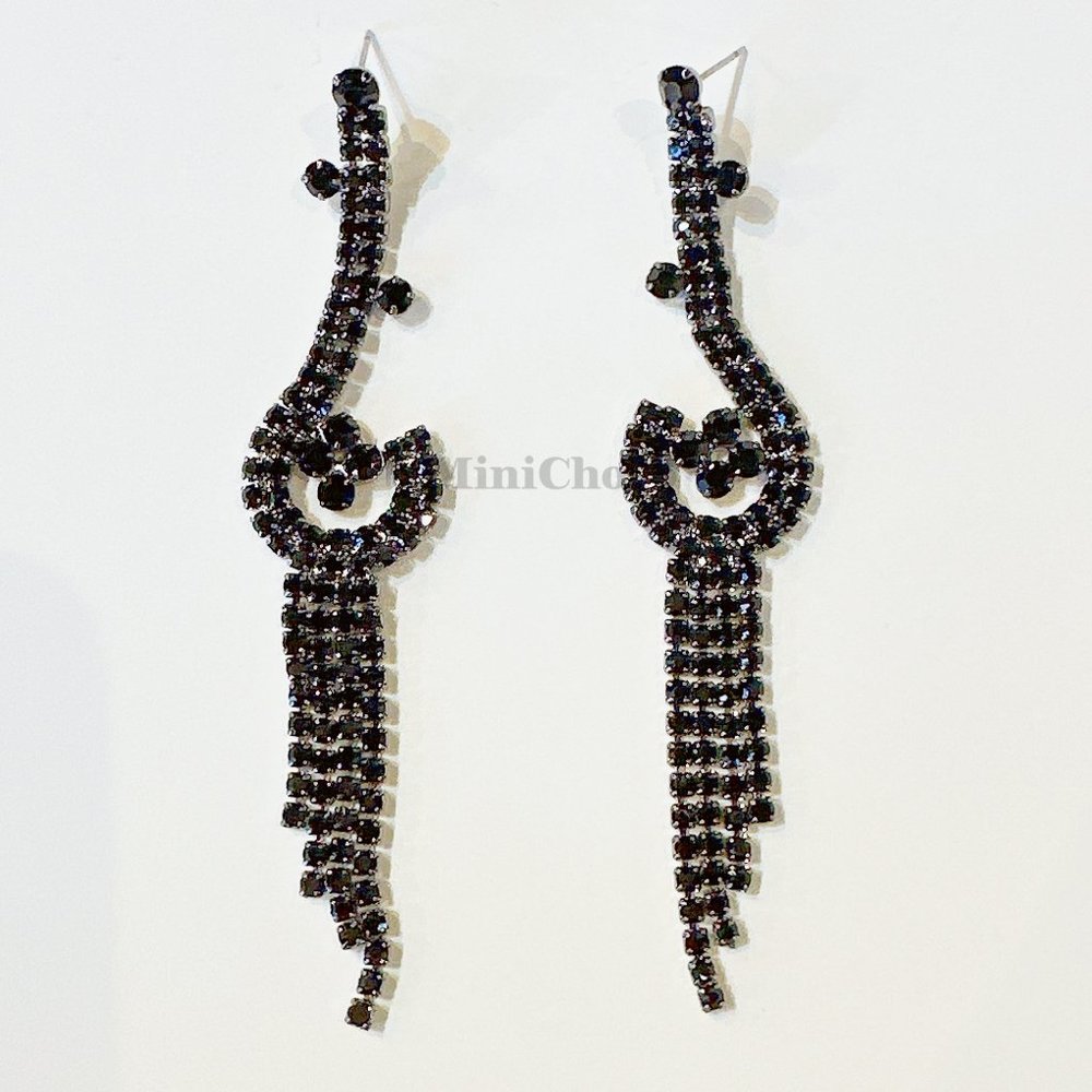 Elegant Black Rhinestone Cluster Long Dangle Tassel Earrings